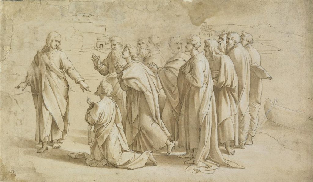 Raffaello Sanzio da Urbino, Christ's Charge to Peter, pen, brown ink & wash with white heightening, scene of Jesus giving Peter the keys to heaven surrounded by the disciples.