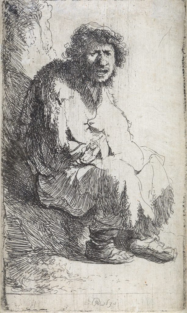 Rembrandt van Rijn, A Beggar Seated on a Bank, etching & drypoint, 1630.