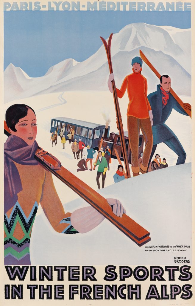 Roger Broders, Winter Sports in the French Alps, skiers filing up a snowy mountain, circa 1929.