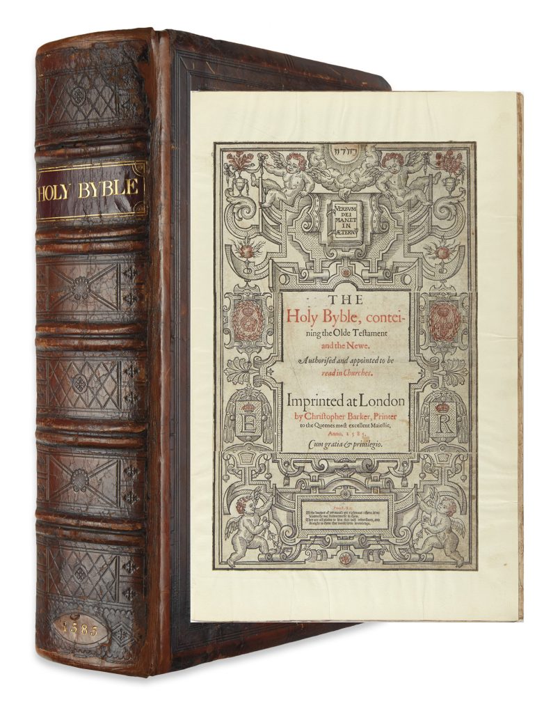 The Holy Byble, conteining the Olde Testament and the Newe, image of the binding and title page, London, 1585.