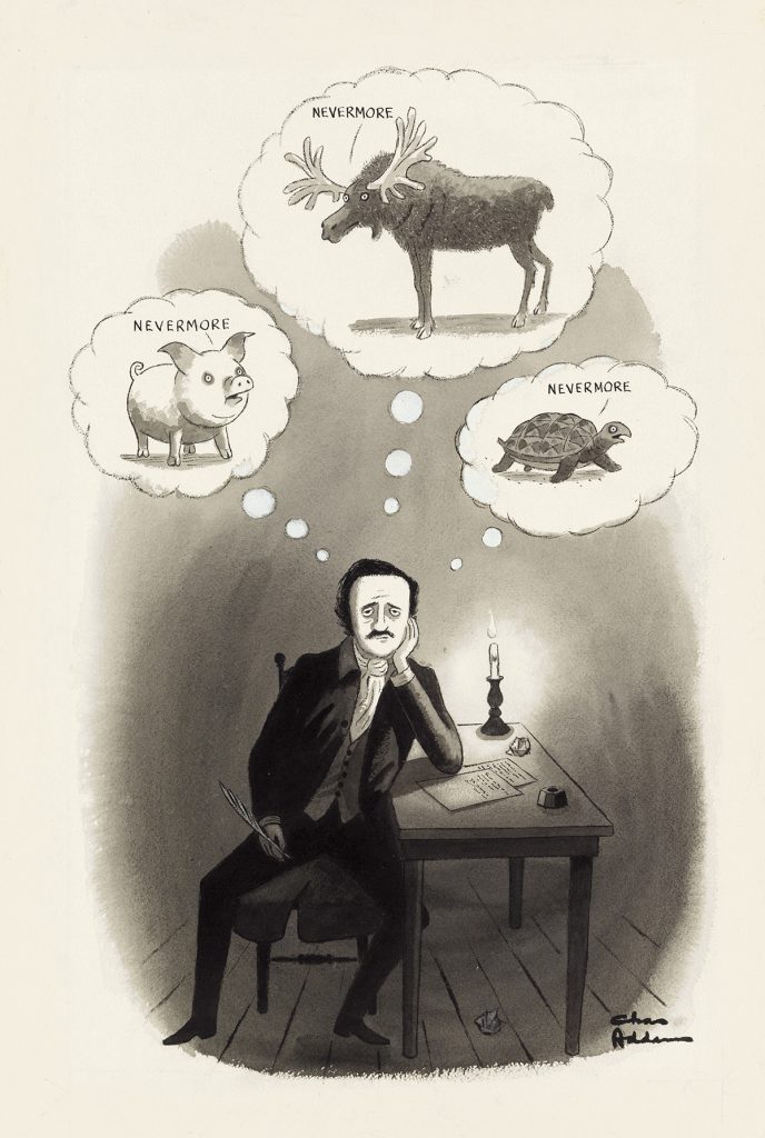 Charles Addams, Nevermore, New Yorker cartoon of Edgar Allan Poe, 1973.