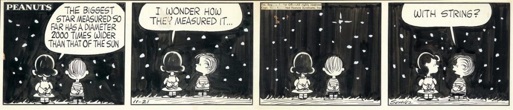 Charles Schulz, The Biggest Star Measured So Far, ink & wash, original four-panel Peanuts comic strip, featuring Lucy and Lionel looking at the stars, 1961