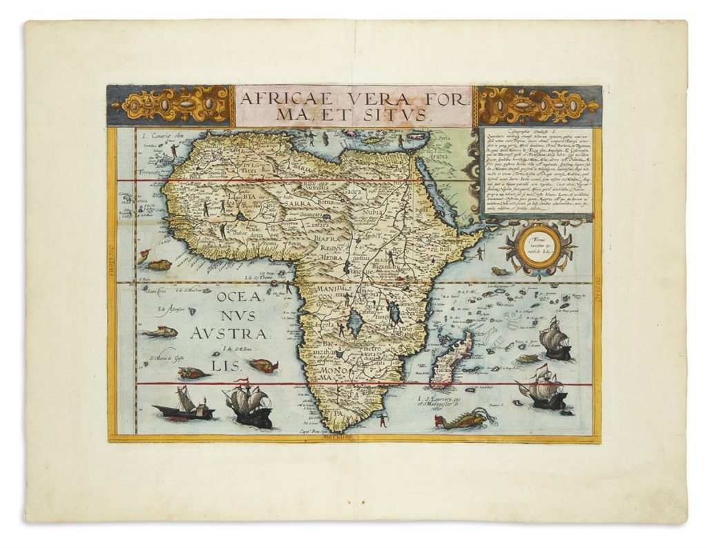 Cornelis de Jode, Africae Vera Forma, et Situs, colored map of Atlas, Antwerp, 1593.