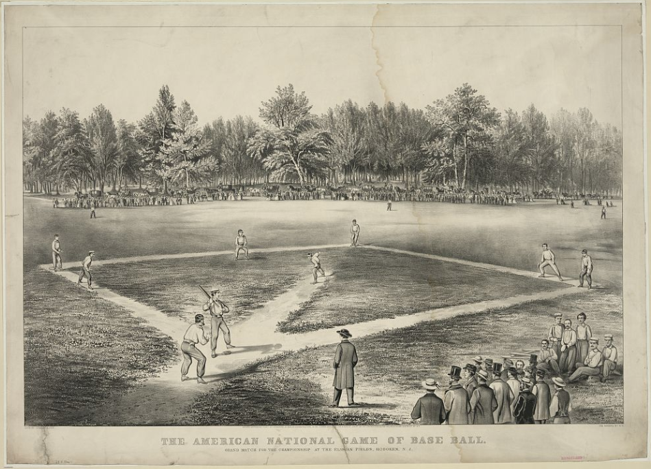 Currier & Ives, The American National Game of Base Ball, lithograph, of people playing baseball in an open field, 1866.