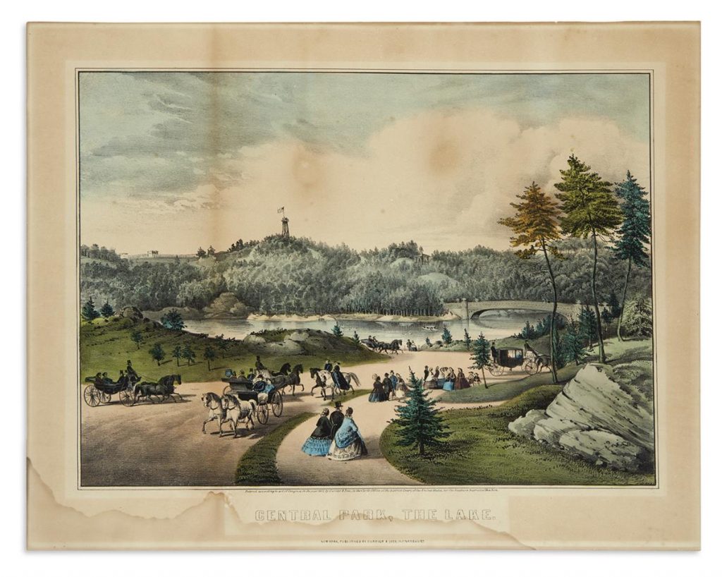 Currier & Ives, Central Park, the Lake, small format hand-colored lithograph, 1862.