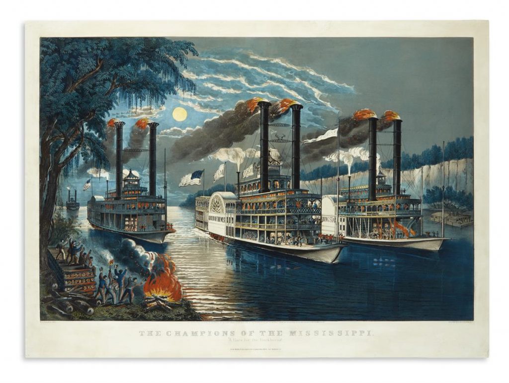 Currier & Ives, The Champions of the Mississippi, A Race for the Buckhorns, large-folio hand-colored lithograph, of a dramatic steamboat race, 1866.