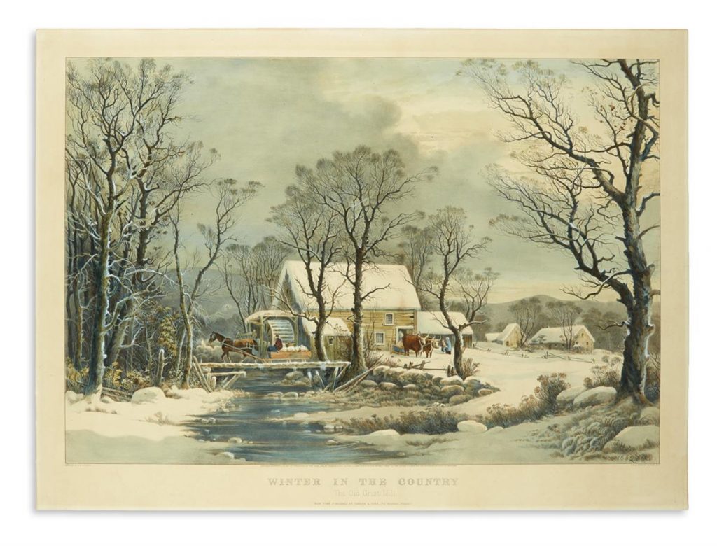 Currier & Ives, Winter in the Country. The Old Grist Mill, large-folio hand-colored lithograph of farmers braving the elements to collect feed bags from a frozen country mill, 1864