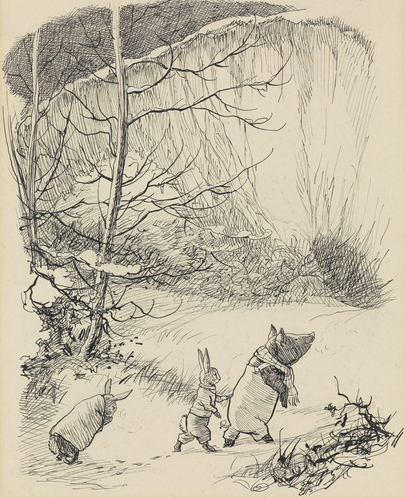 Ernest H. Shepard, He Lead them into the Chalk-Pit, Till they Stood at the Very Foot, illustration from Bertie's Escapade by Kenneth Grahame of a pig leading two bunnys, 1949.