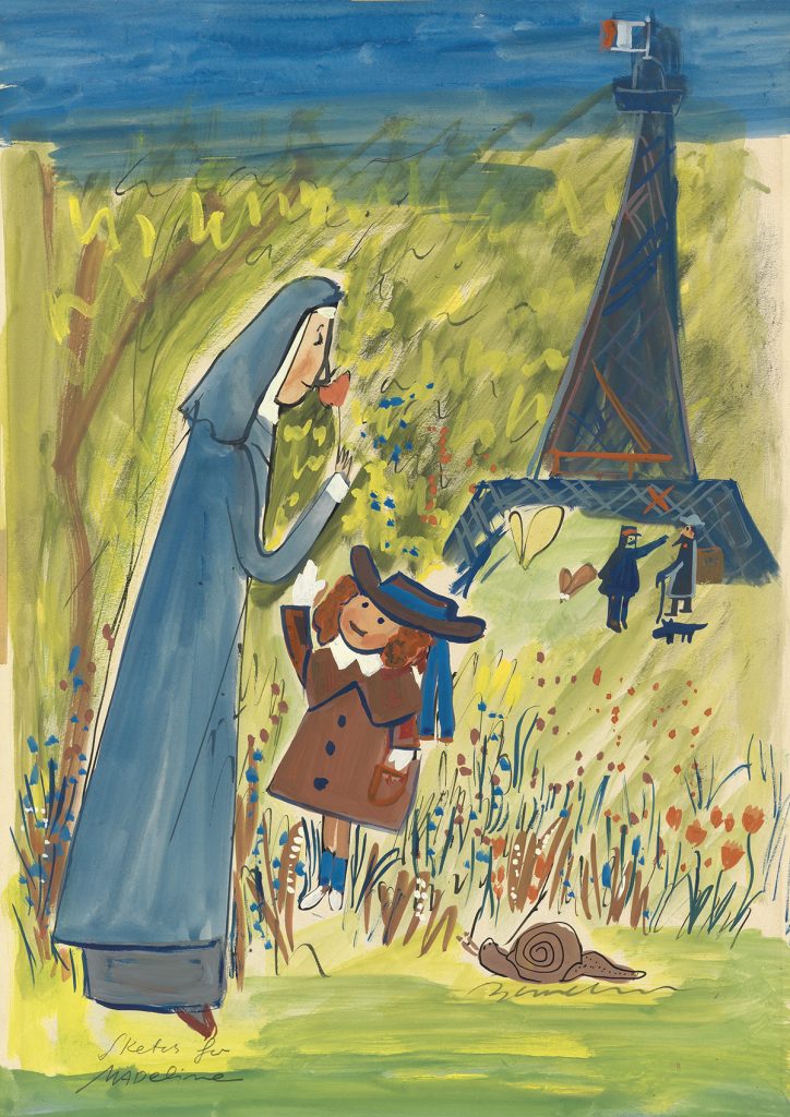 Ludwig Bemelmans, Sketch for Madeline, gouache & ink of Miss Clavel and Madeline picking flowers in front of the Eiffel Tower.