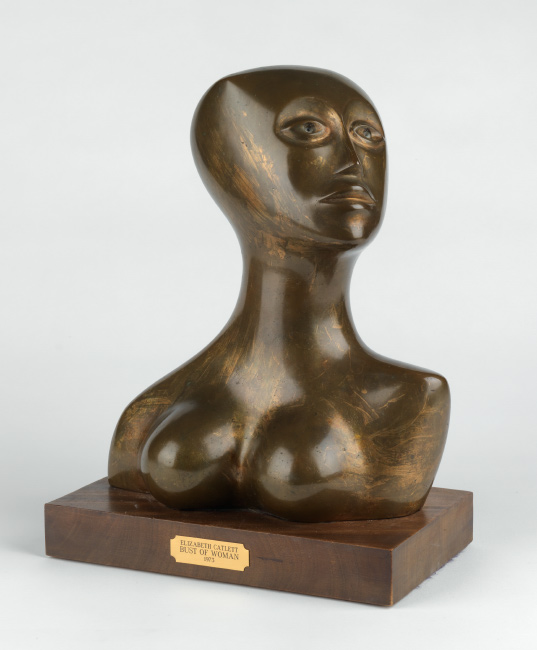 Elizabeth Catlett, Sister, cast bronze, with brushed patina and inlaid eyes, mounted on a wooden base, 1973. 