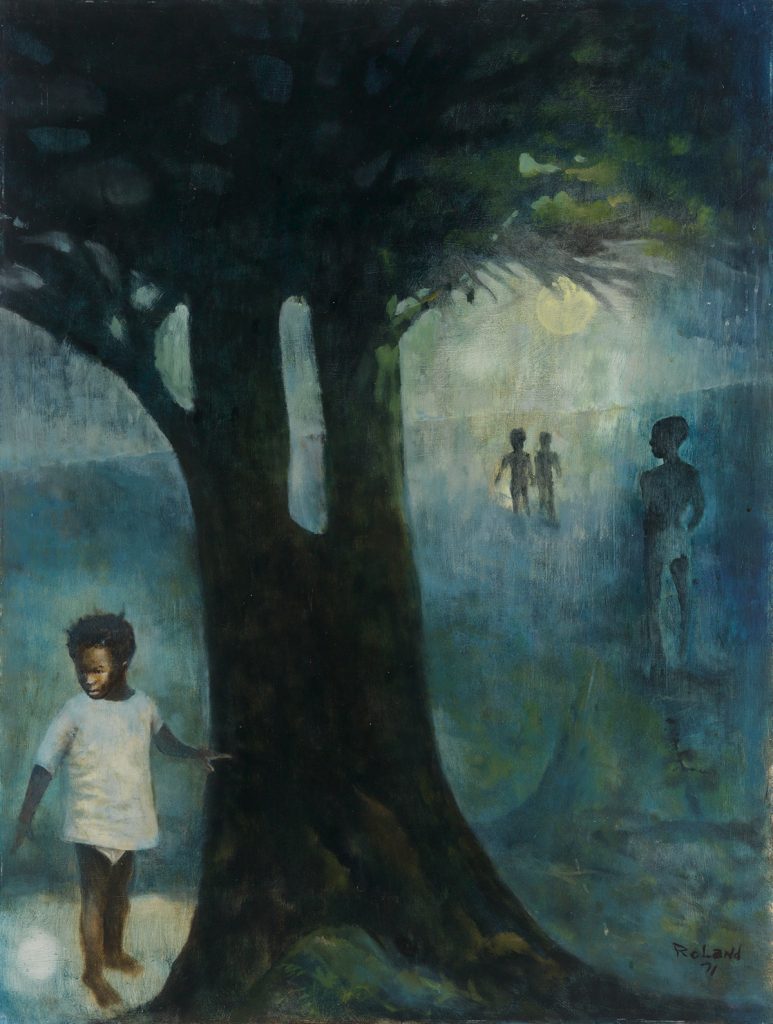 Arthur Roland, Backwood Playground, oil on board, little boys playing in a forrest, 1971. 