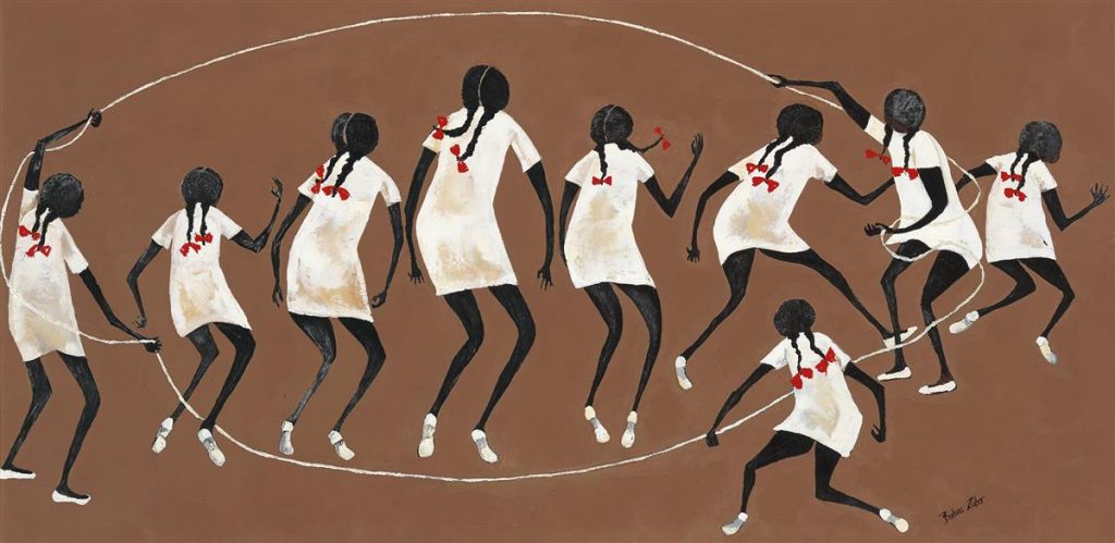 Barbara Johnson Zuber, Jump Rope, oil on canvas, little girls playing double Dutch, circa 1970.