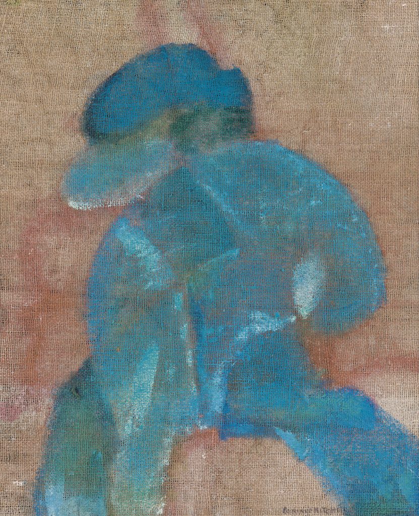 Corrine Mitchell, Man Hurrying Home, oil on canvas, abstract image of blue man walking, 1970. 