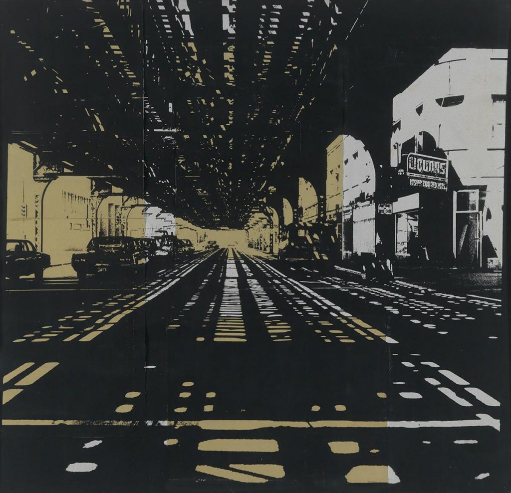 José J. Williams, 63rd Street, collage of screenprint, printed in silver & gold ink, sidewalk scene underneath a bridge, 1975.