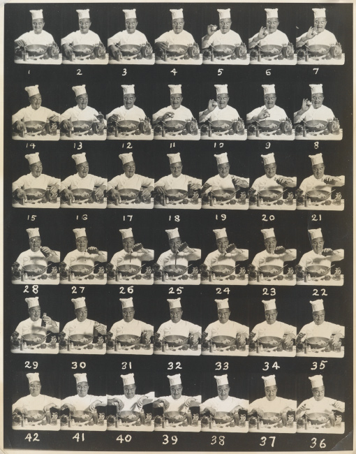 A composite of 42 frames depicting a chef making a salad, silver print, circa 1950s.