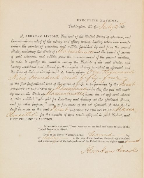Abraham Lincoln, partly-printed document signed, call for troops issued during America's first national draft just days before the NYC draft riots, 1863.