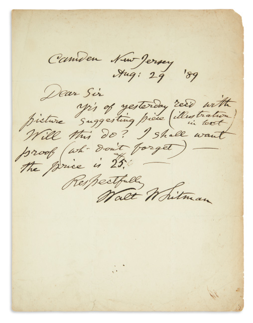 Walt Whitman, autograph letter signed to a Harper's editor, sending his poem Death's Valley, 1889.