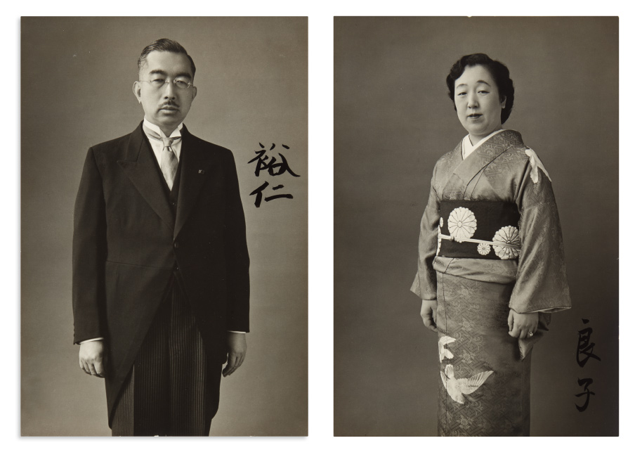 Hirohito and Nagako, Emperor and Empress of Japan, two photographs signed, showing Nagako in kimono and obi bearing the imperial seal.
