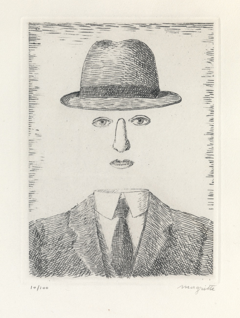 René Magritte, Paysage de Baucis (Self Portrait with Hat), etching, 1966.