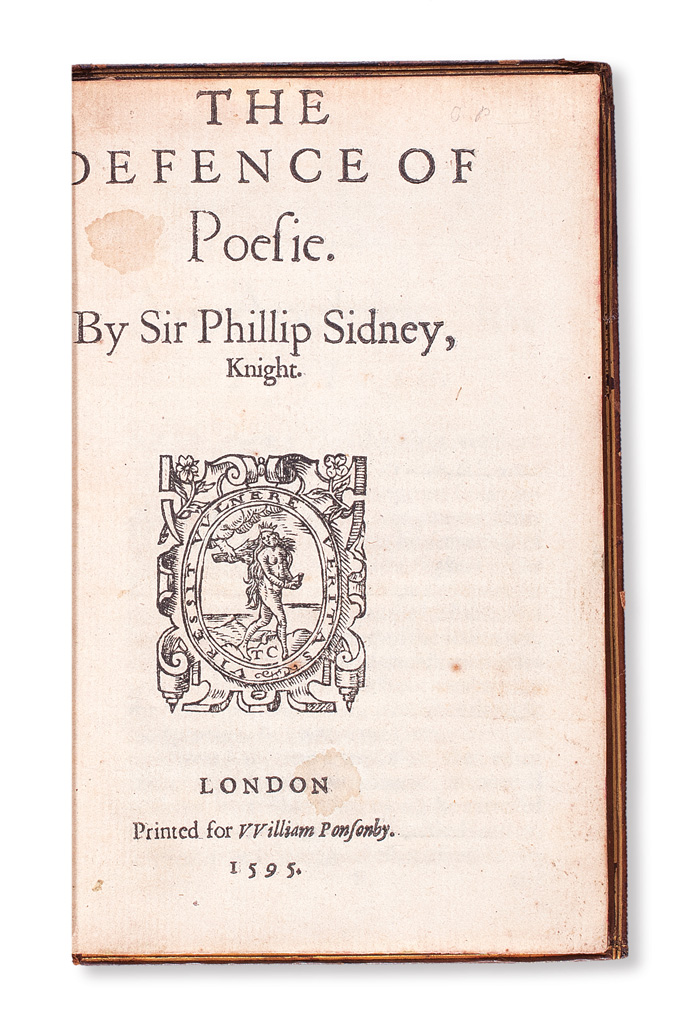Sir Philip Sidney, The Defense of Poesie, unauthorized first edition, title page image, London, 1595.