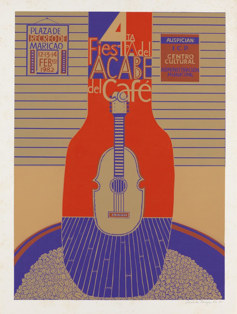 Analida Burgos, 4ta Fiesta Adel Acabe del Café, image of a deco guitar with text, from an archive of over 350 posters, 1982.