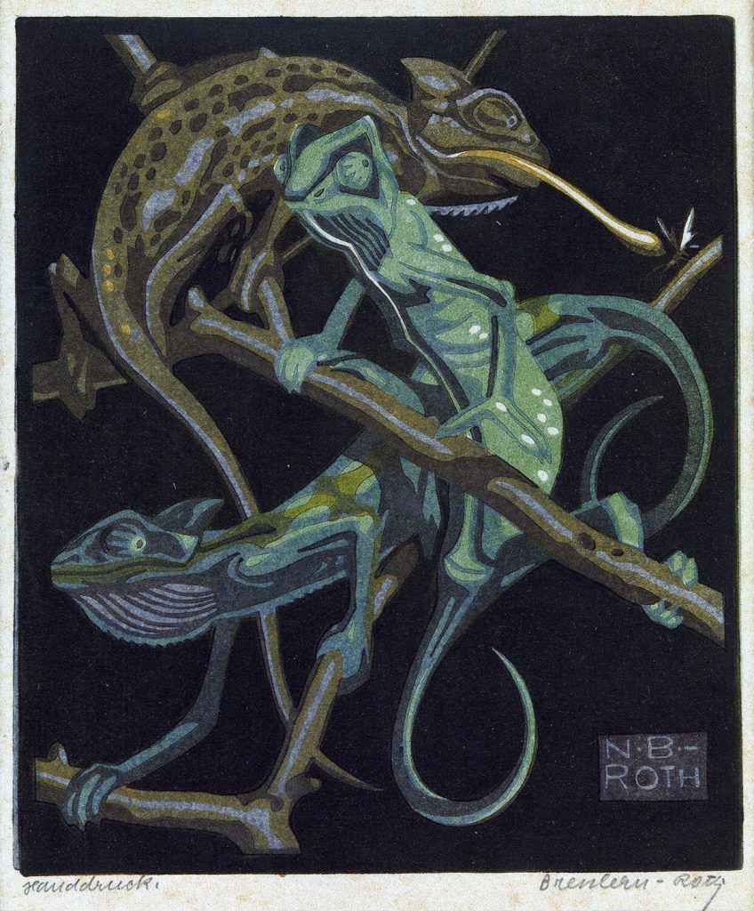 Norbertine Bresslern-Roth, Chameleons, color linoleum cut, 1930.