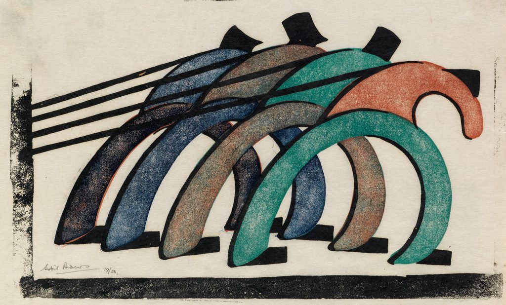 Sybil Andrews, Haulers, color linoleum cut, 1929.