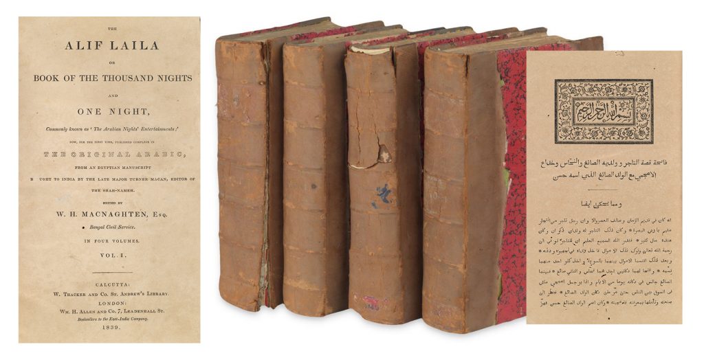 The Alif Laila or Book of the Thousand Nights and One Night, Calcutta II version, four volumes, Calcutta and London, 1839-42. Showing the title page in english, the four volumes, and the Arabic text page.