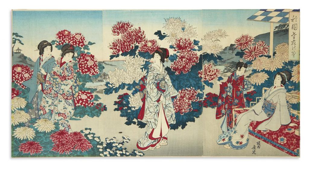 A group of eight large Ukiyo-e color woodblock triptychs, late 19th century.