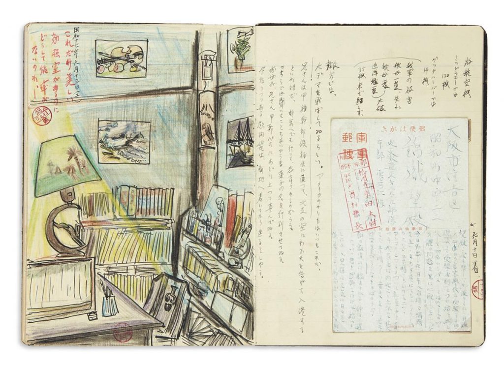 Nishigori, manuscript diaries of a young Japanese Christian man during the war and occupation years, two pages one with a drawing of a bedroom and the other with text, 1938-54.