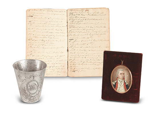 John Hutchinson Buell, manuscript diary of a Connecticut office, with his miniature portrait and silver cup, 1780-84