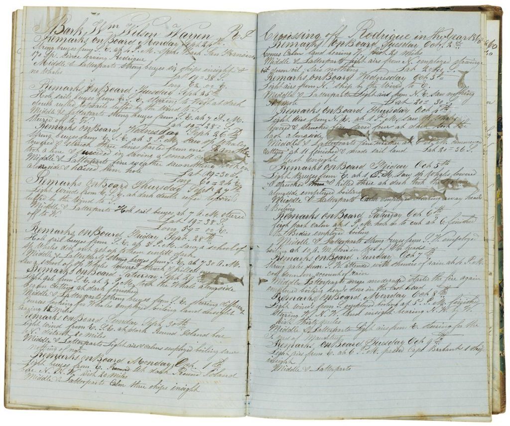 Alida Taber, manuscript diary kept by the wife of whaling captain, two pages with whale stamps, 1853-61