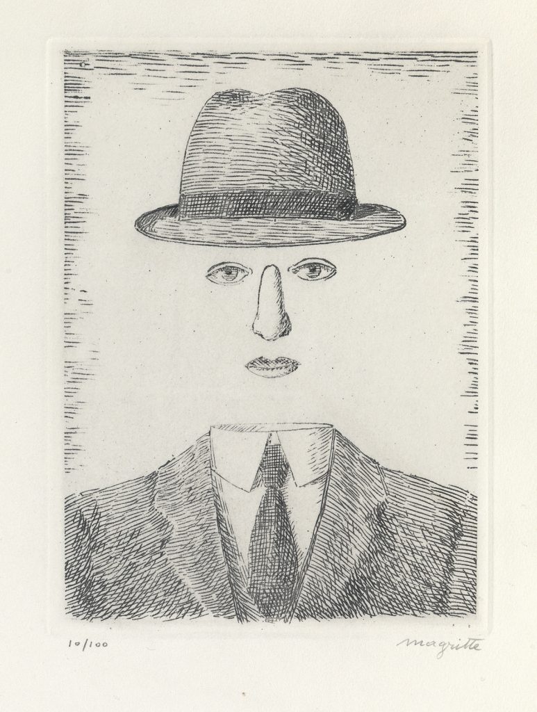 René Magritte, Paysage de Baucis (Self Portrait with a Hat), etching, 1966