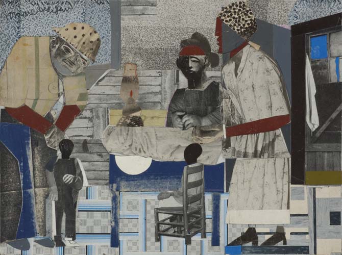 Romare Bearden Pittsburgh, collage of various papers with ink on cardboard, 1965.