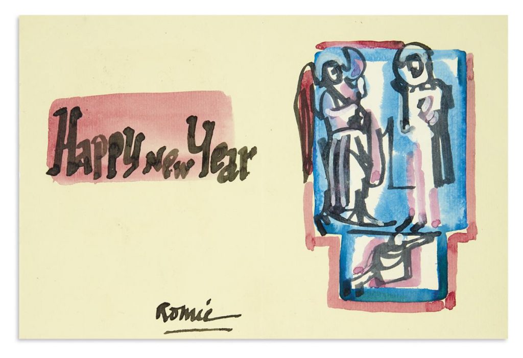 An archive of letters, postcards and greeting cards sent by Romare Bearden to Harry Henderson, watercolor greeting card from the archive, 1949-87.