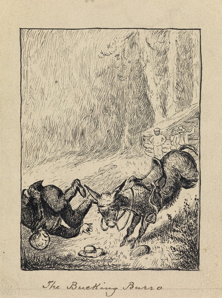 William Sydney Porter, aka O. Henry, The Bucking Burro, illustration of a man being bucked off a burro, circa 1883-84.