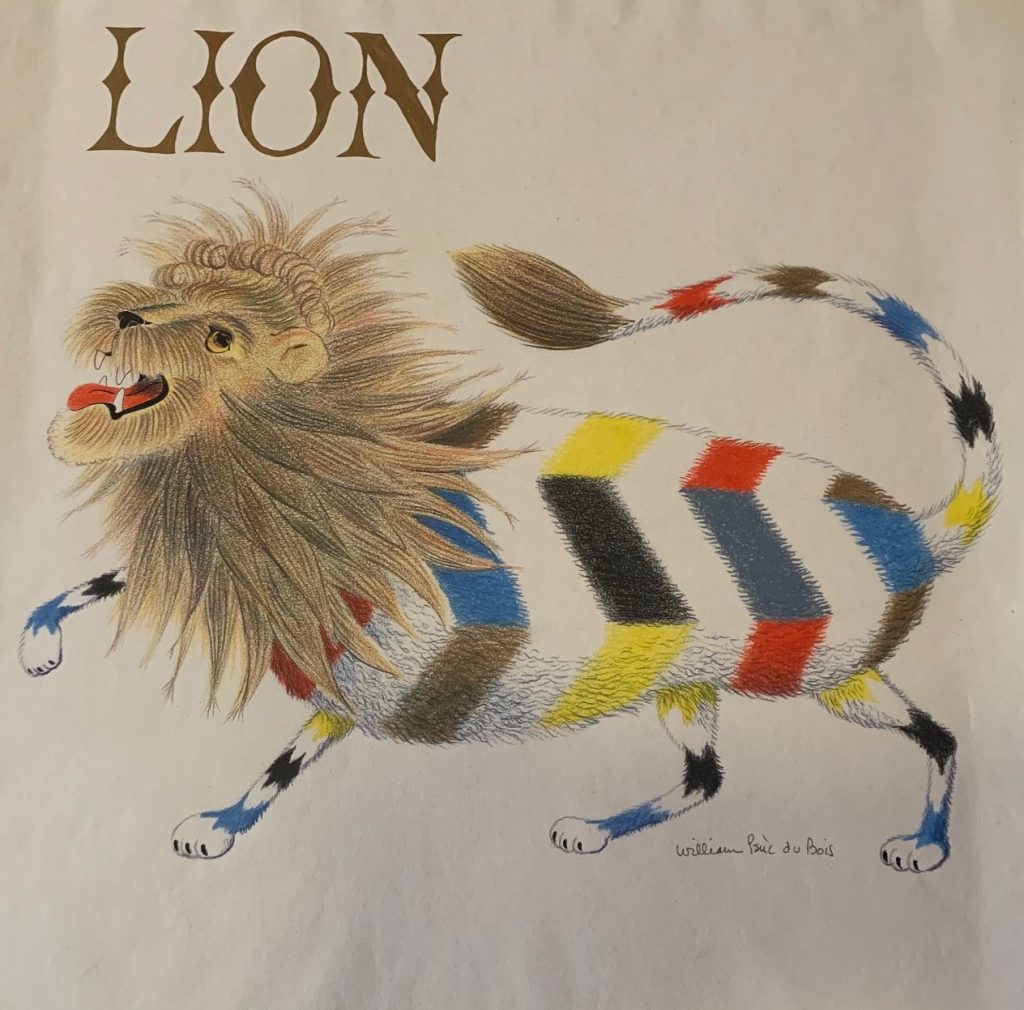 William Pène du Bois, illustration for interior story and cover (with a variation in typography) of Lion, mixed media, including pen, ink, colored pencil and graphite on paper, 1956