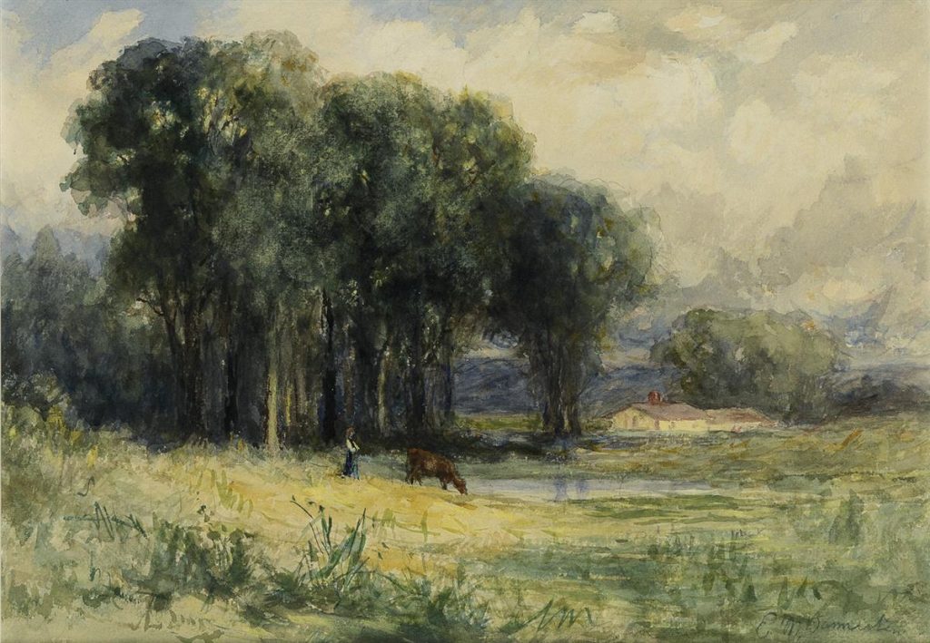 Edward M. Bannister, Landscape with Cow and Female Figure, watercolor, circa 1881.