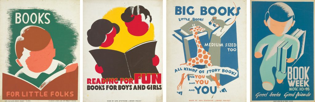 Designer unknown, group of four books and reading WPA posters, circa 1940.