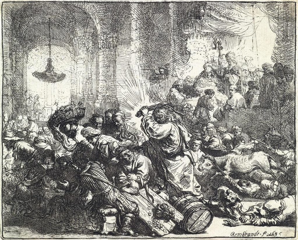 Rembrandt van Rijn, Christ Driving the Money Changers from the Temple, etching and drypoint, 1635. Sold October 29, 2019 in Old Master Through Modern Prints for $3,000.
