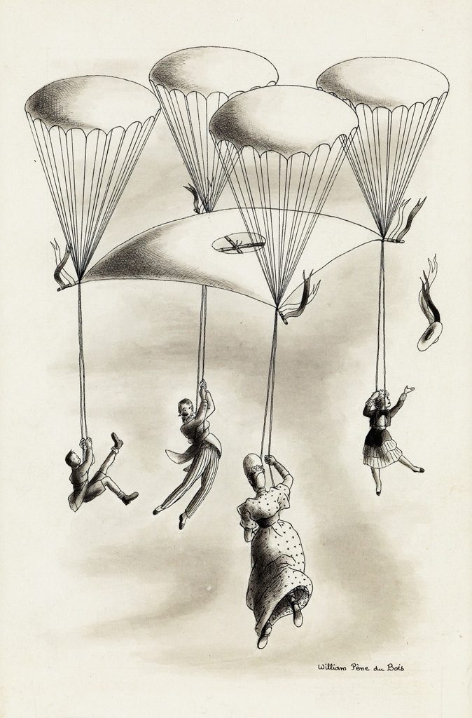 William Pène du Bois, illustration from The Twenty-One Balloons, pen, ink and wash, 1947.