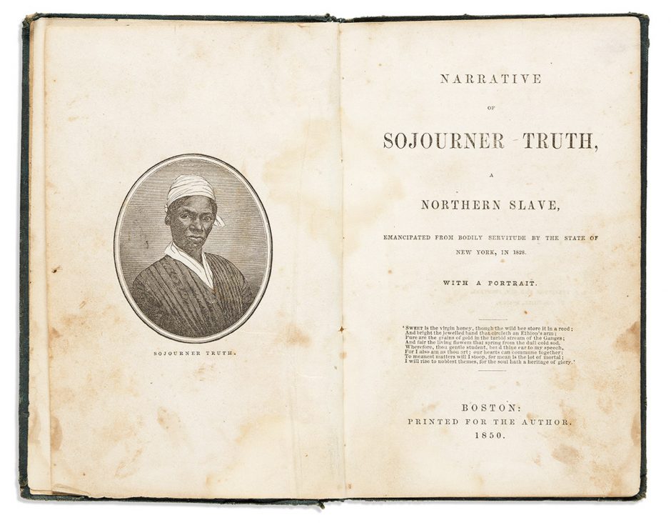 Sojourner Truth, Narrative of Sojourner Truth, a Northern Slave, first edition, Boston, 1850. Estimate $10,000 to $15,000.