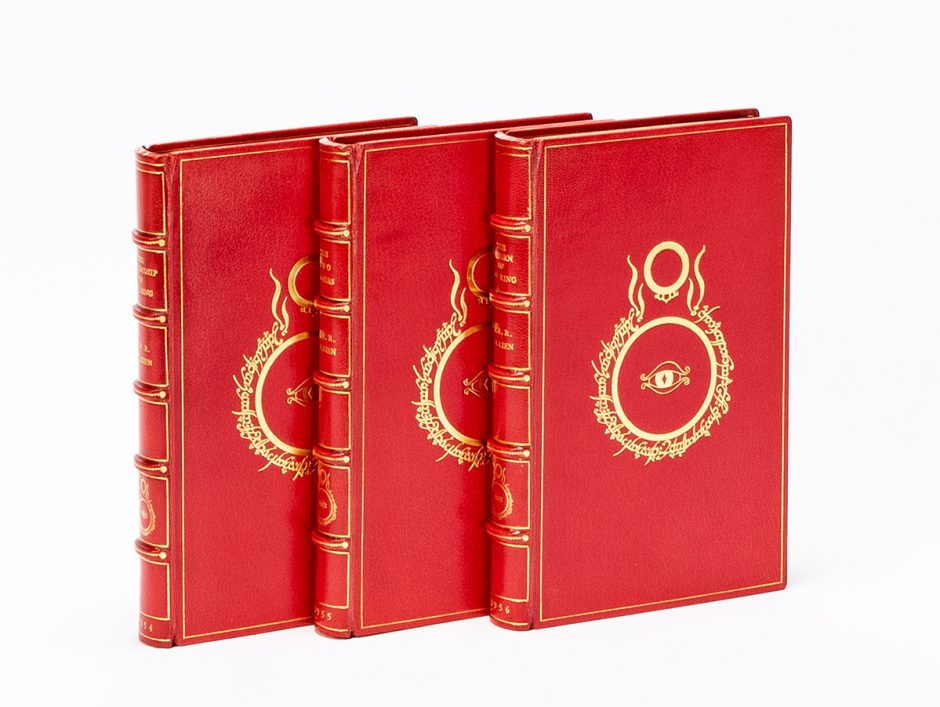 J.R.R. Tolkien, The Lord of the Rings trilogy, first American editions, finely bound by The Chelsea Bindery, Boston, 1954-56. Estimate $9,000 to $12,000. 