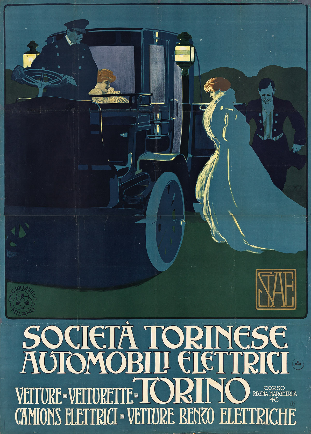 Marcello Dudovich, Società Torinese Automobili Elettrici / Torino, circa 1910. Estimate $15,000 to $20,000.